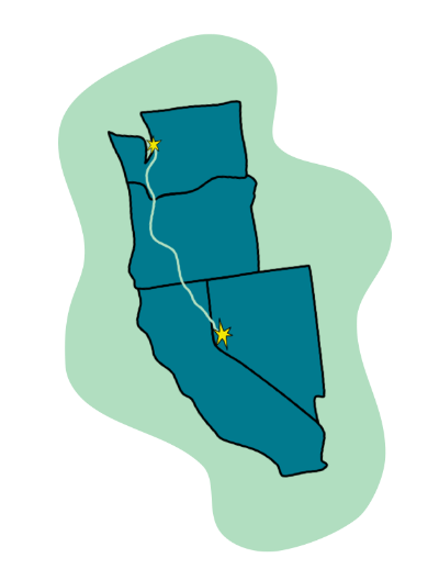 A mtylized map of the west coast with a line showing the path between Seattle, Washington and Reno, Nevada.